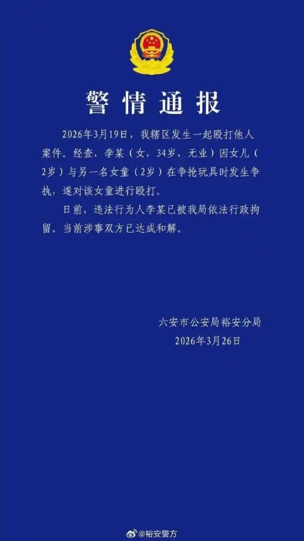 安徽六安警方通报：2岁女童争抢玩具被打，34岁女子被行拘