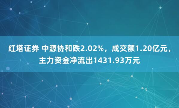 红塔证券 中源协和跌2.02%，成交额1.20亿元，主力资金净流出1431.93万元